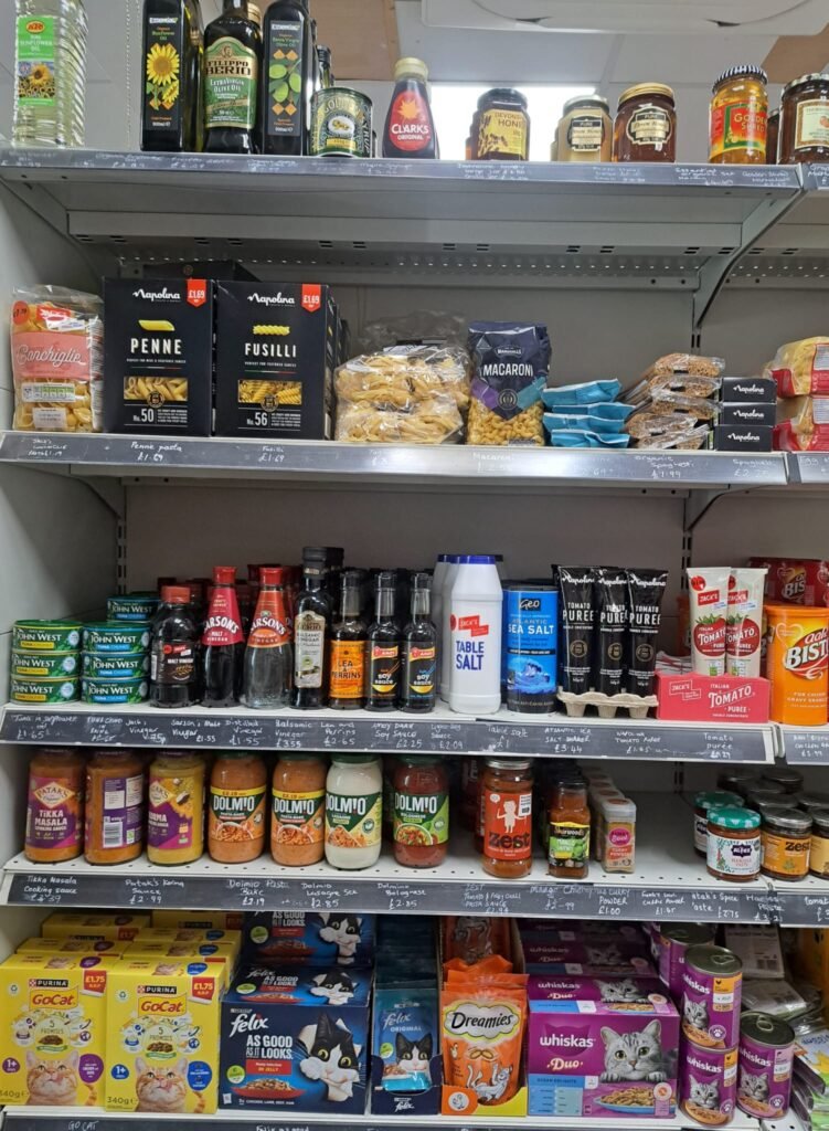 shop shelves stacked with food items